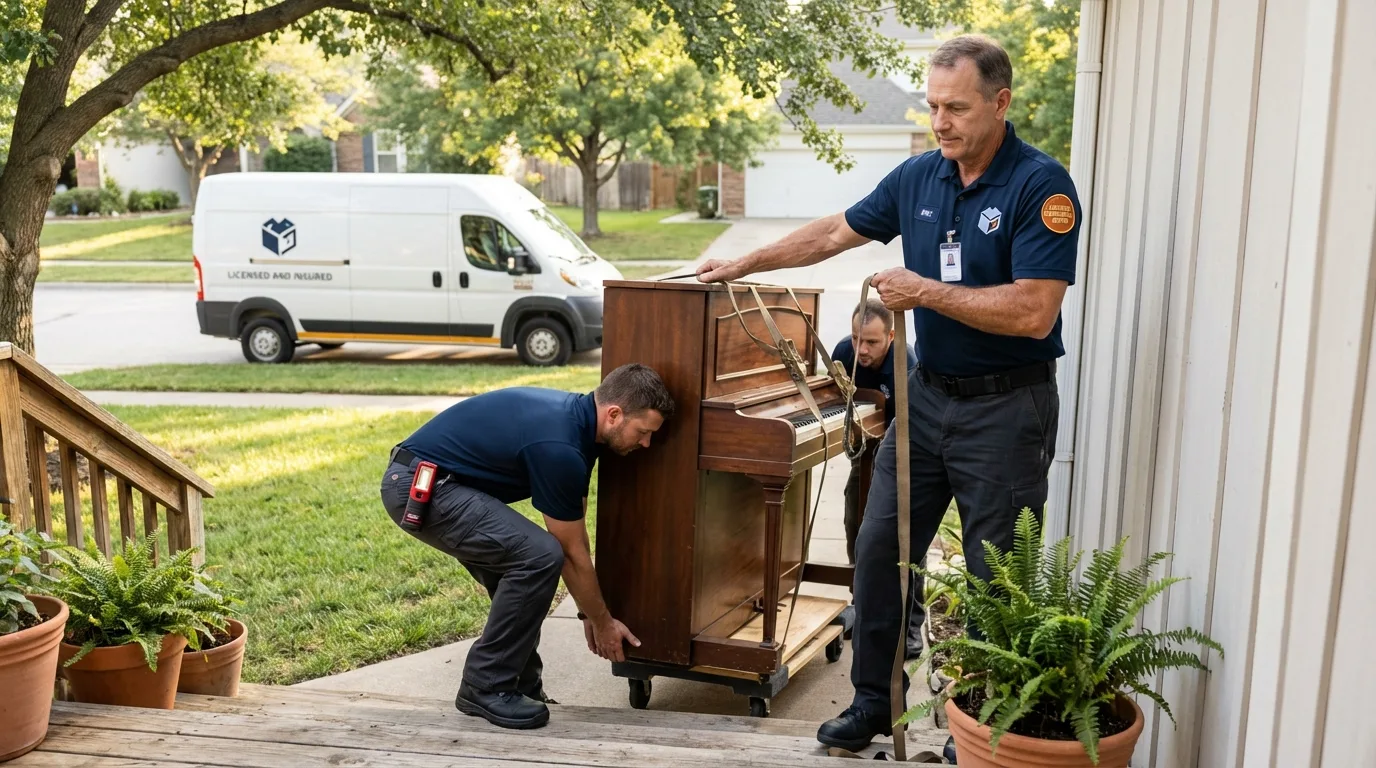 Licensed piano movers securing grand piano in Fruitland, ID