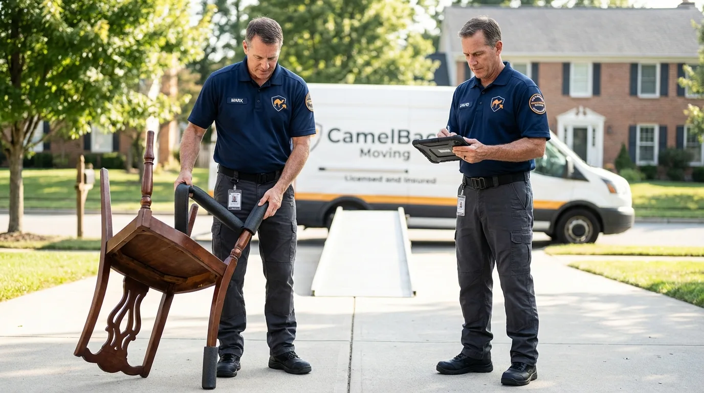 Movers inspecting furniture for damage prevention before loading in Fruitland, ID