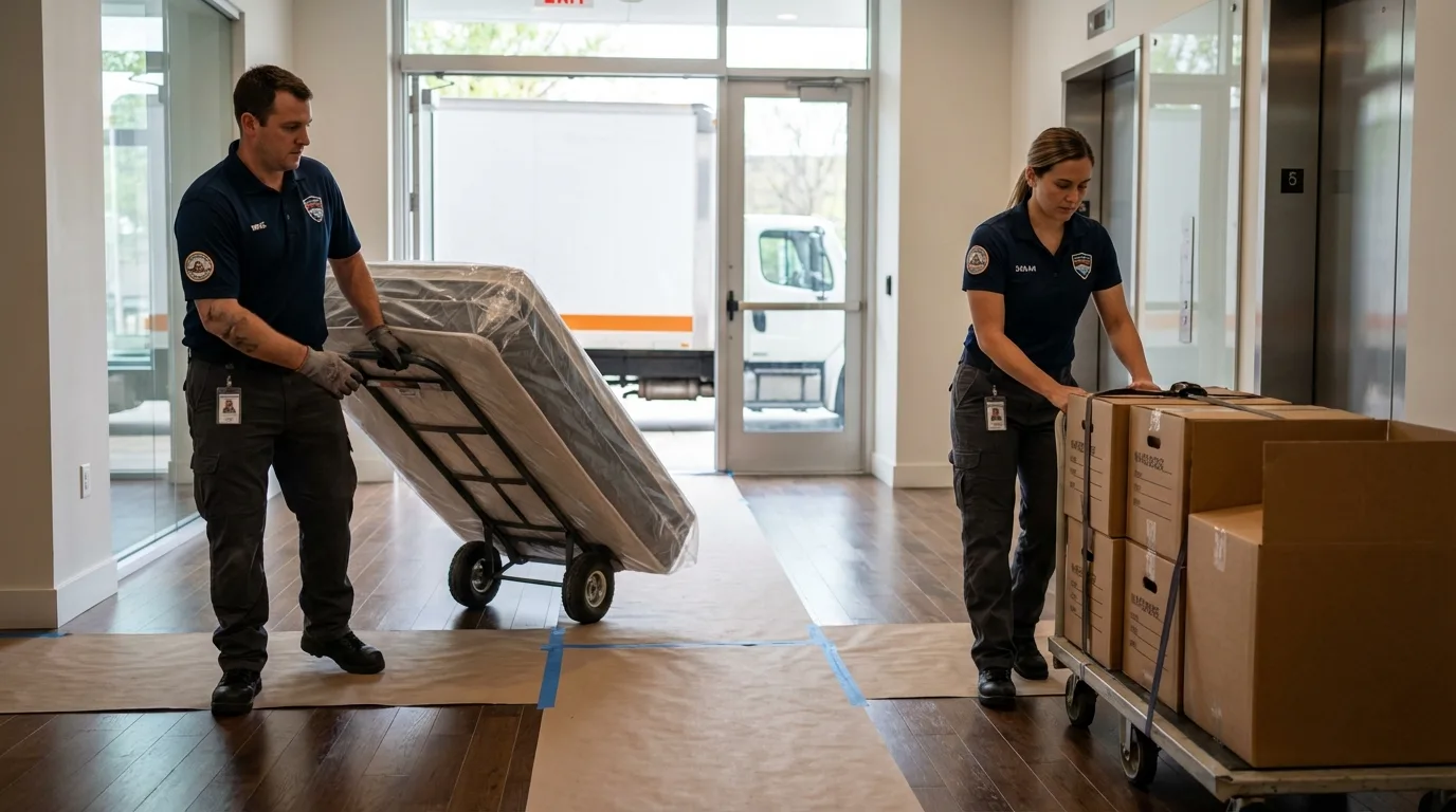 Professional apartment movers loading elevator in Fruitland, ID