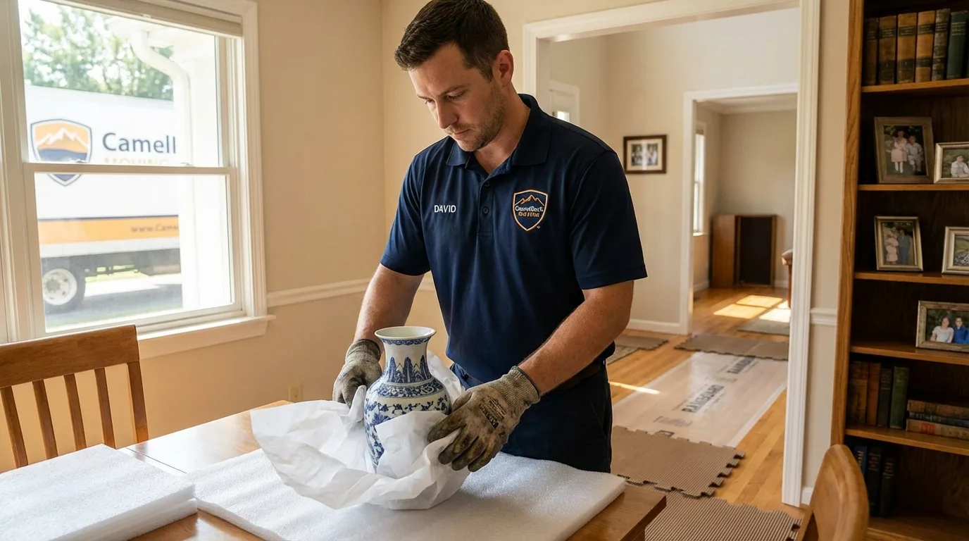 Professional crew carefully wrapping antique vase for senior downsizing move in Fruitland, ID
